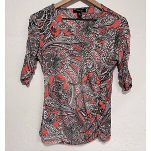 Style & Co Petite Orange And Gray Paisley Print Blouse   Size Petite Medium
